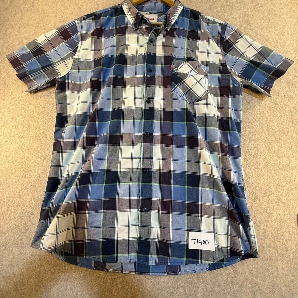 Levis Mens Blue Purple Plaid‎ Short Sleeve Button Down Shirt Size L T1400